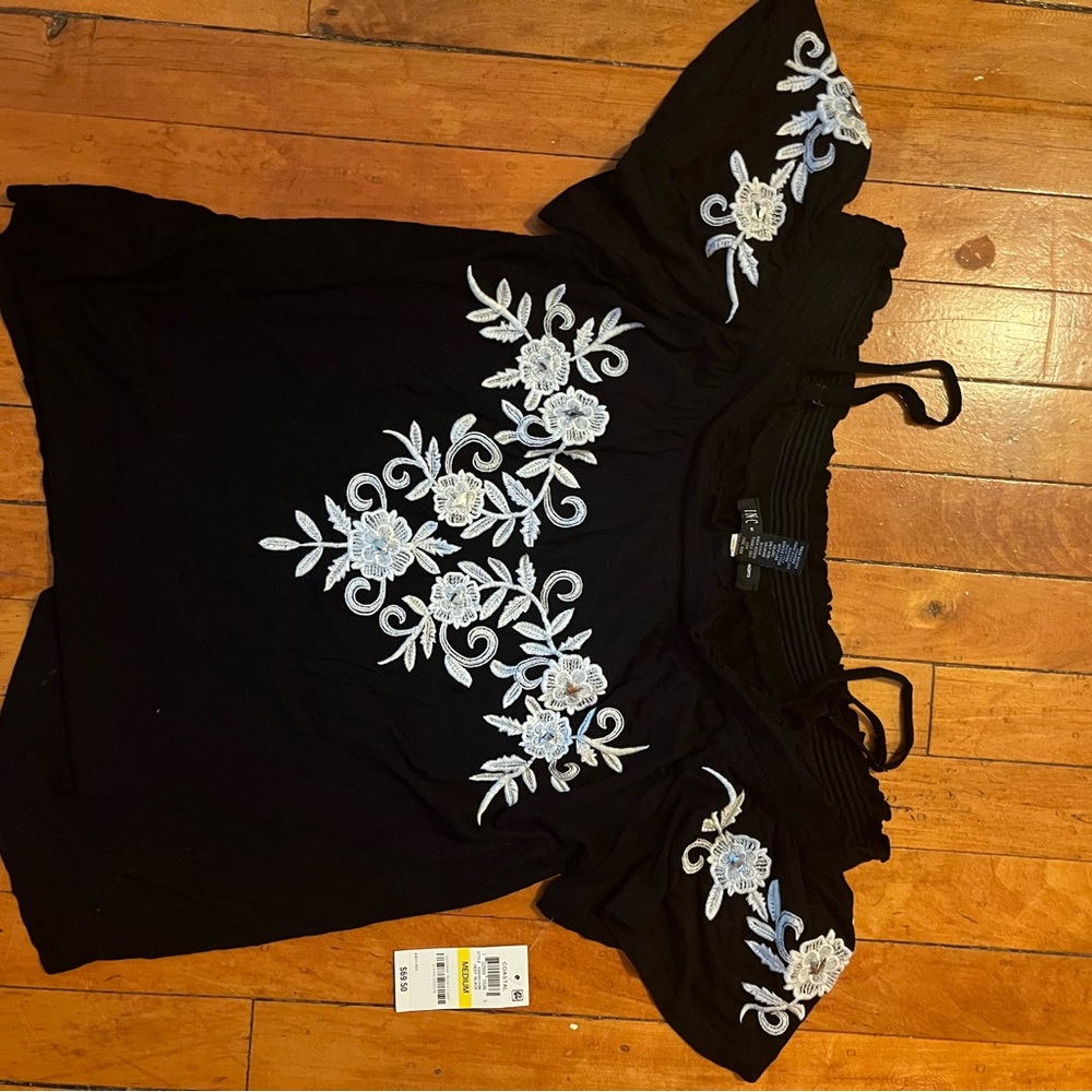 Black Off-Shoulder Top with Floral Embroidery
